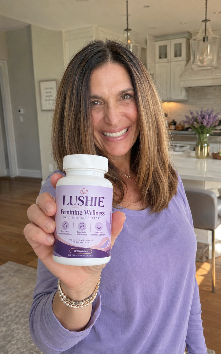 Happy Lushie customer holding a bottle of Lushie Feminine Wellness