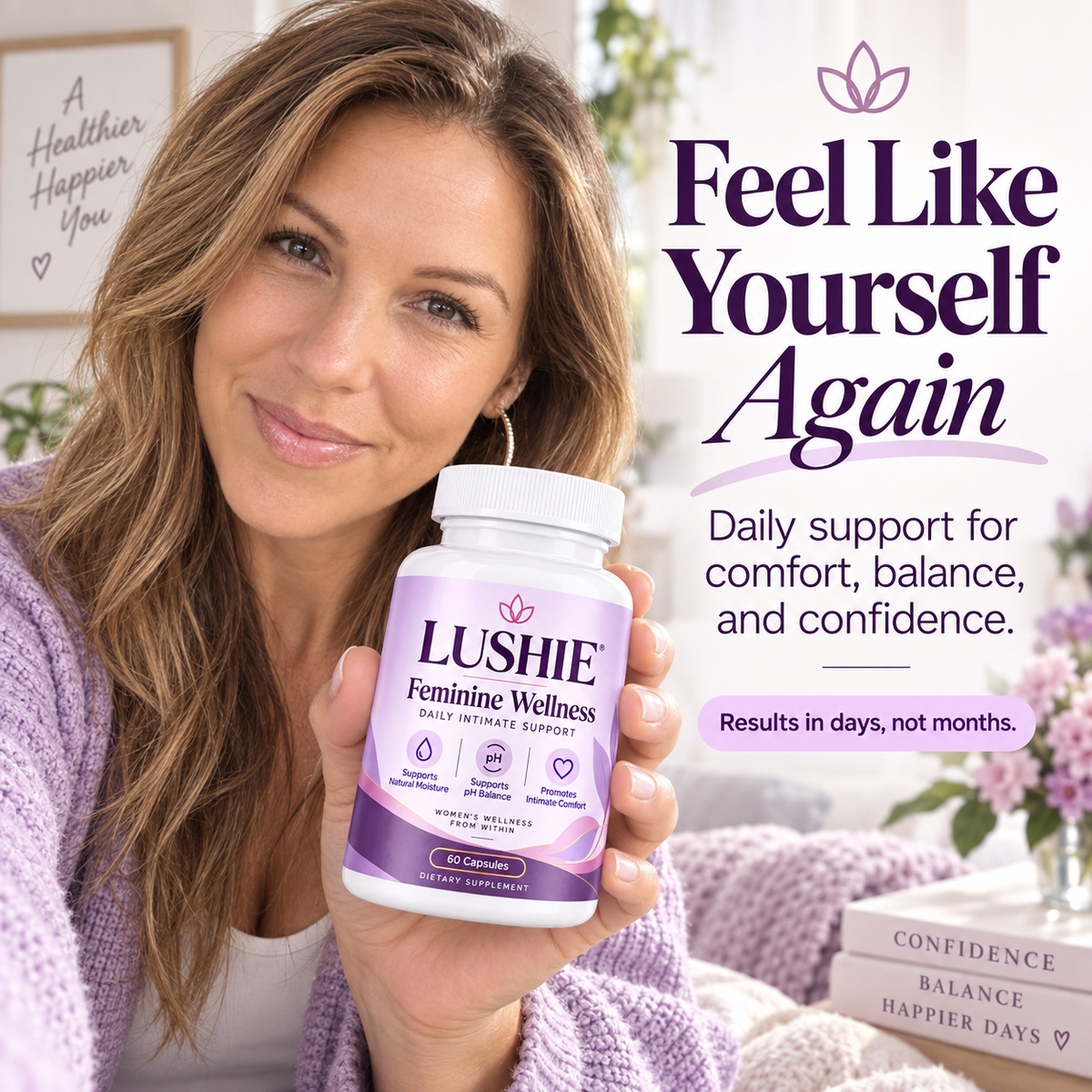 Woman holding Lushie Feminine Wellness with a feel like yourself again message