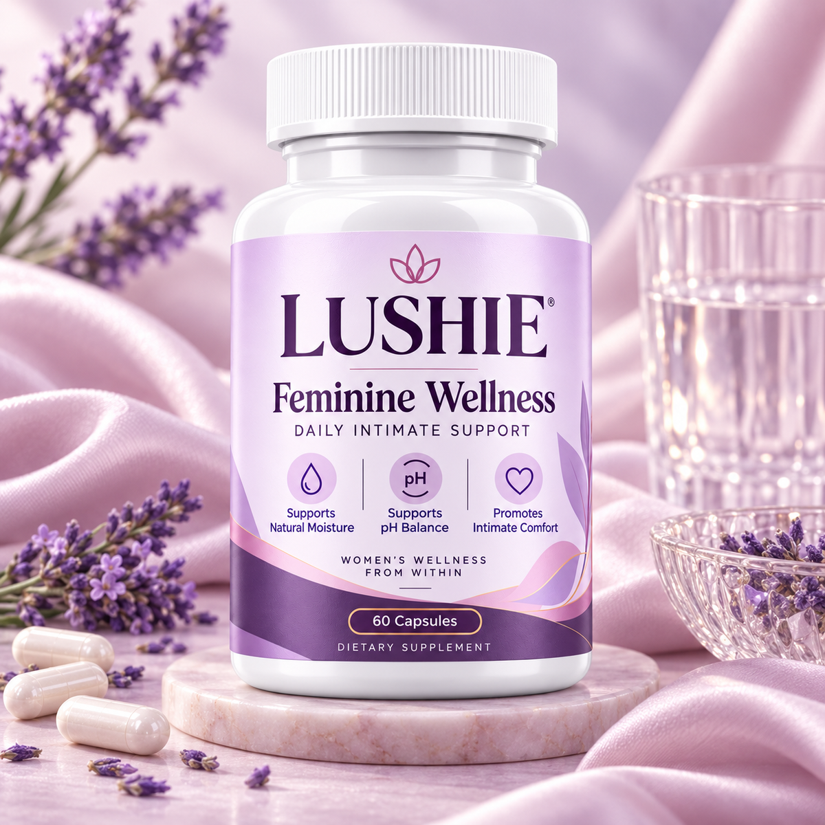 Lushie Feminine Wellness bottle with lavender, capsules, silk, and water