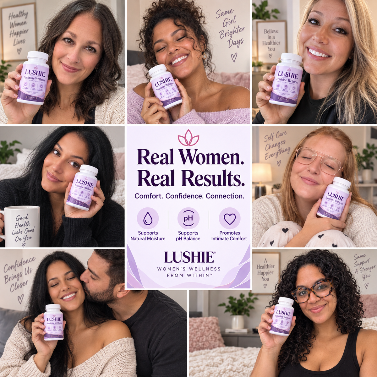 Collage of real women holding Lushie Feminine Wellness
