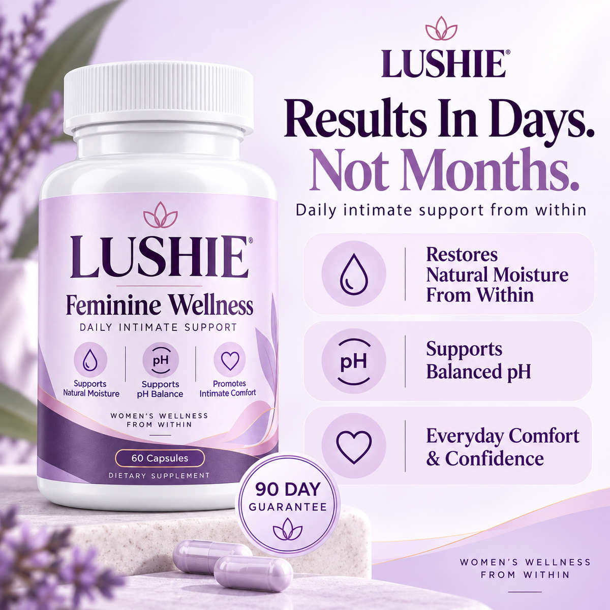 Lushie product benefits for moisture, pH balance, and everyday comfort